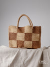 Pamella Two Tone Checkered Raffia Bag - Brown & Natural
